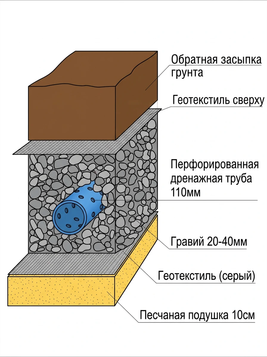 Разрез траншеи дренажа: 5 слоёв
