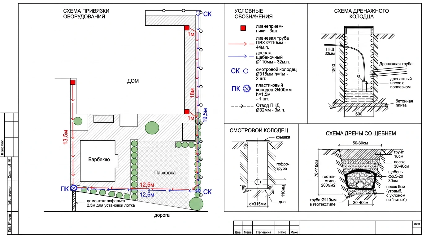 Схема участка: дренаж, ливнёвка, зона под септик
