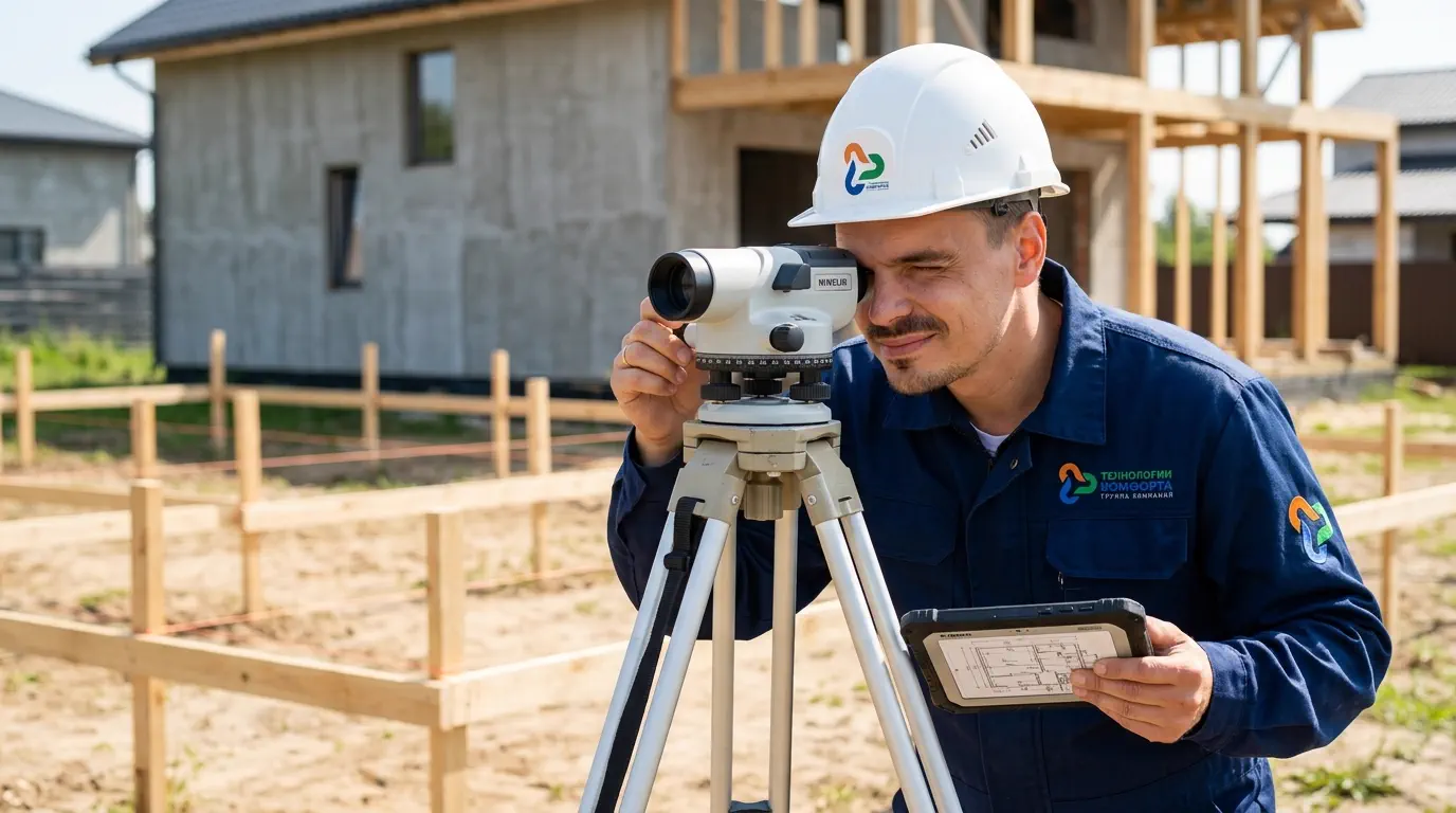 Инженер с нивелиром замеряет участок